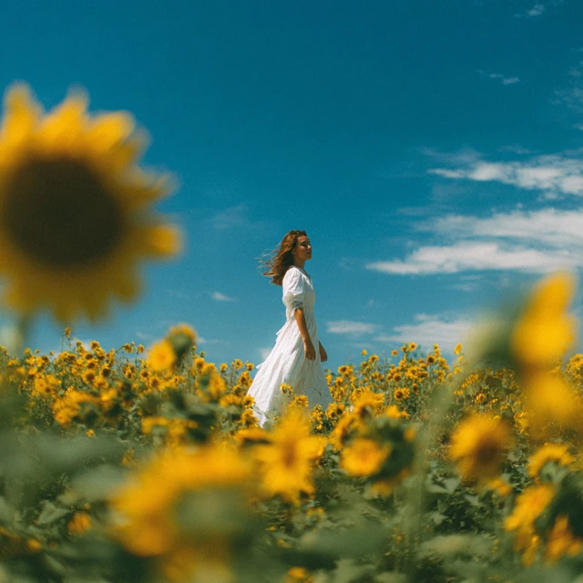 Woman in Sunflower Field Sunshine and Blue Sky