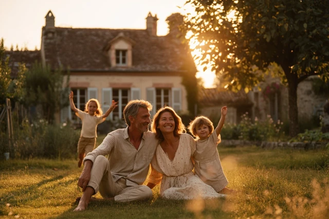 Family Sunset in Countryside Home Peaceful Moment