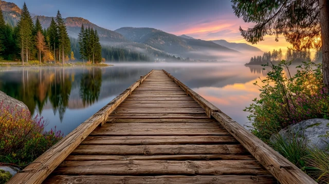 Serene Dawn Landscape Floating Dock and Misty Lake