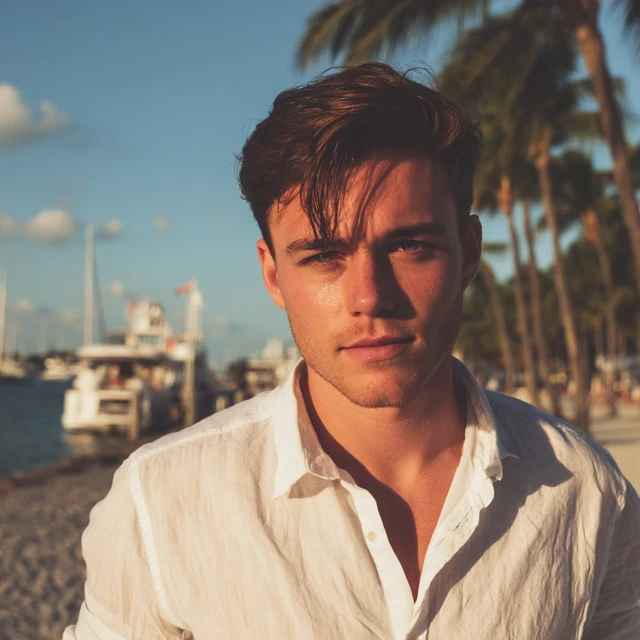 Man on the Beach Portrait with Palm Trees and Yacht
