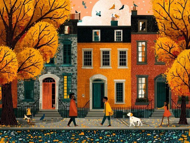 Autumn Scene Townhouse with Colorful Doorways