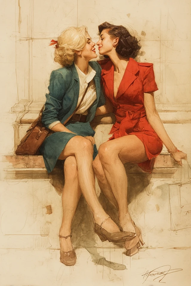 1940s Watercolor Art: Girlfriends in a Train Station