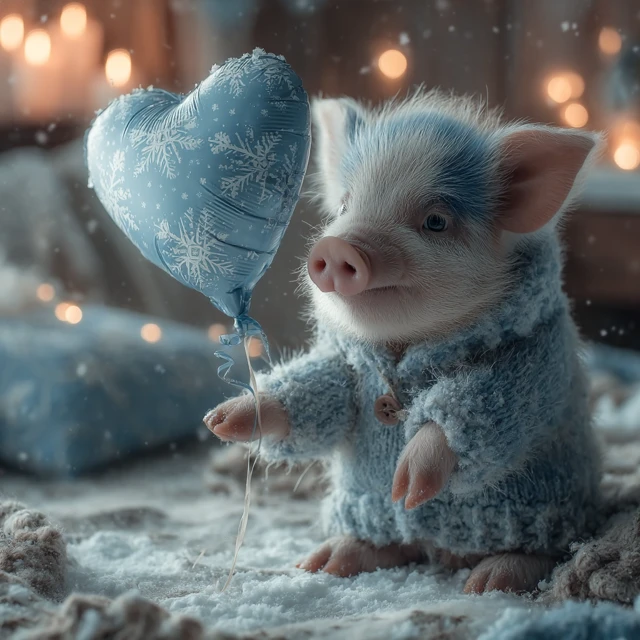 Sad Blue Piglet With Heart Balloon In Winter