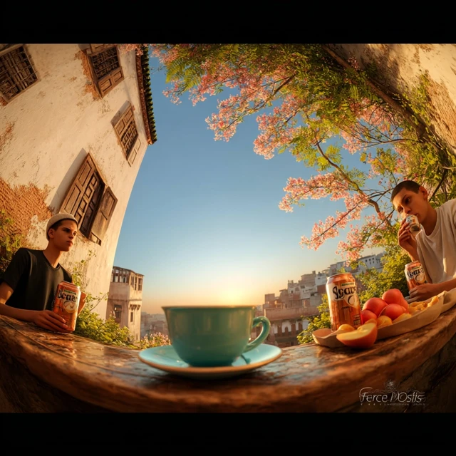 Sunset Balcony Scene: Young Men Relaxing with Drinks
