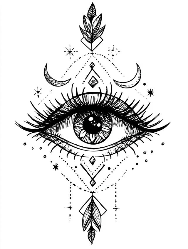 Mystical Eye Totem Black and White Line Art