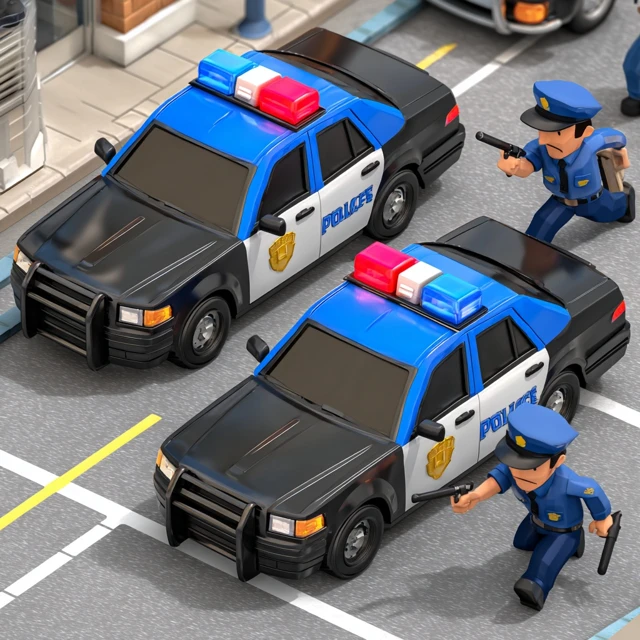 Police Cars and Officers in a 3D Cartoon Scene