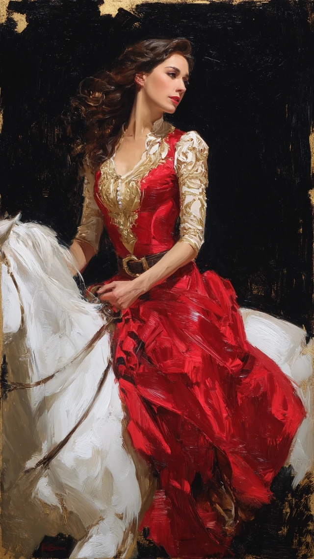 Woman on Horse Oil Painting in Red Dress