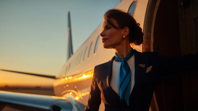 Beautiful Flight Attendant at Sunset Airplane Photo