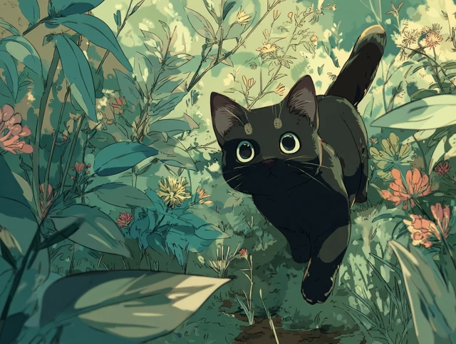 Anime Black Kitten in Greenery Studio Ghibli Style