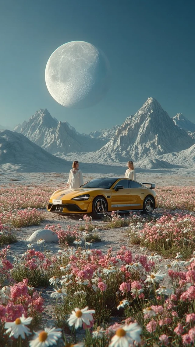 Surreal Lunar Landscape Yellow Car and Flowers 8K