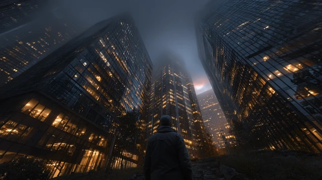 Ambition Cityscape Lone Figure in Skyscrapers
