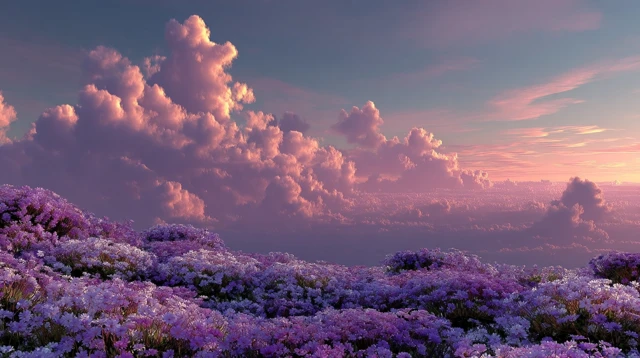 Purple Flowers and Fluffy Clouds Scenery