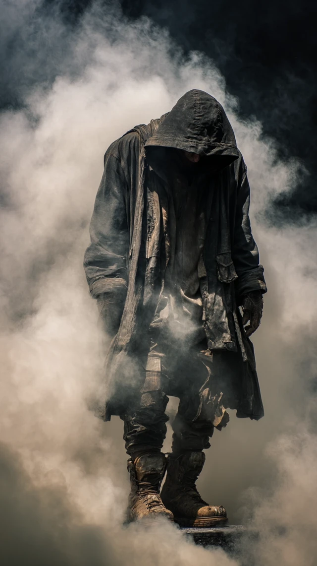 Lone Figure in Smoke Exhaustion and Acceptance
