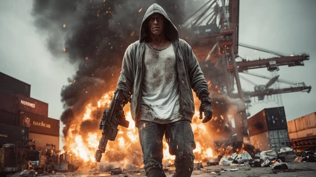 Action Hero on Fire Industrial Dock 8K Poster
