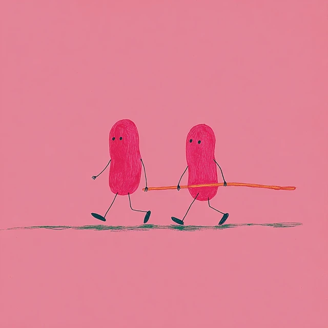 Anthropomorphic Pink Peanuts Walking with Stick