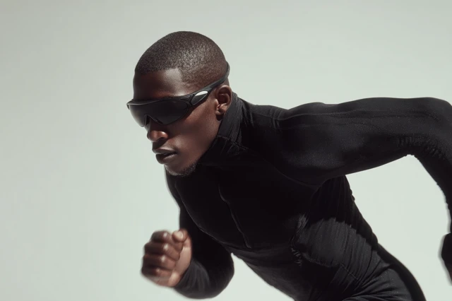 Athletic Man Running in Black Sportswear and Sunglasses