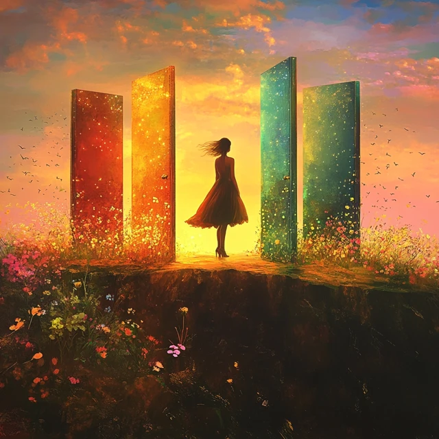 Dreamlike Scene Woman at Golden Cliff Doorways