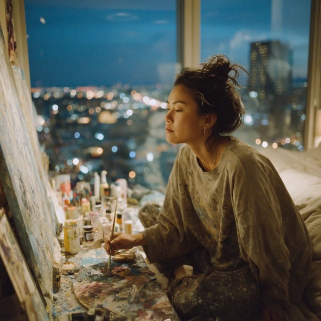 Artist Painting in Apartment at Twilight