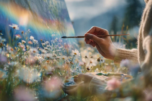 Artist in Summer Meadow Painting Colorful Scene
