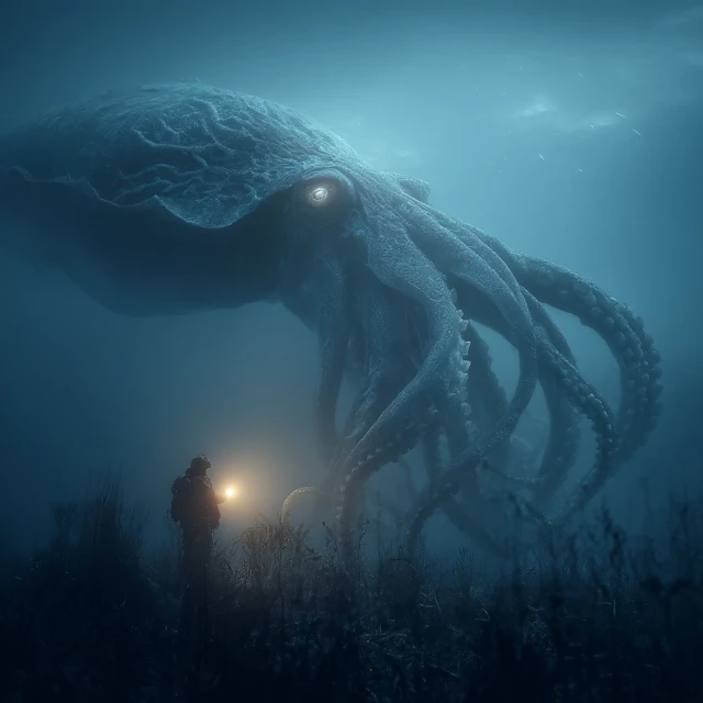 Giant Squid Encounter Realistic Photography