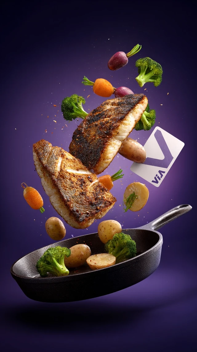Grilled Fish and Veggies in a Cast Iron Pan 3D Render