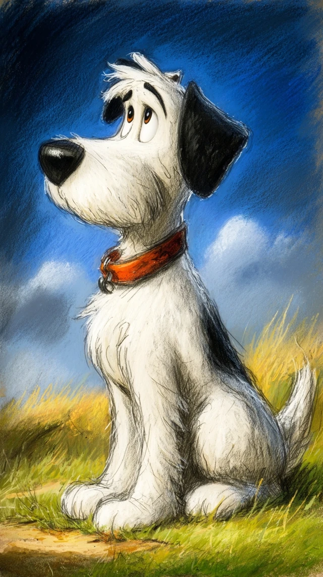 Idefix Cartoon Dog on Grass and Sky