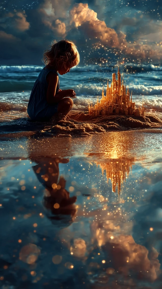 Magical Beach Golden Hour Sandcastle Fantasy