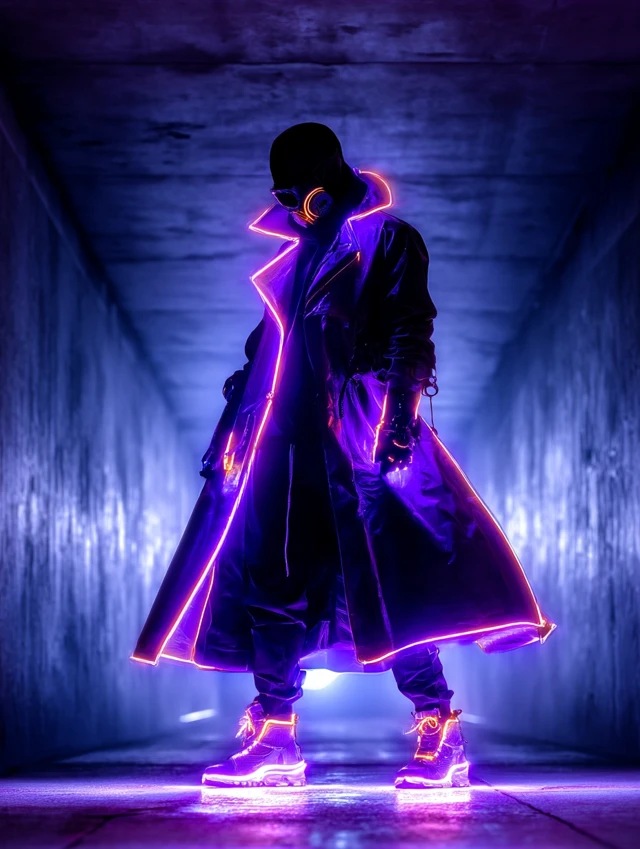 Cyberpunk Fashion Portrait Glowing Trench Coat