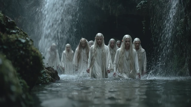 Elves in Waterfall: A Fantasy Scene