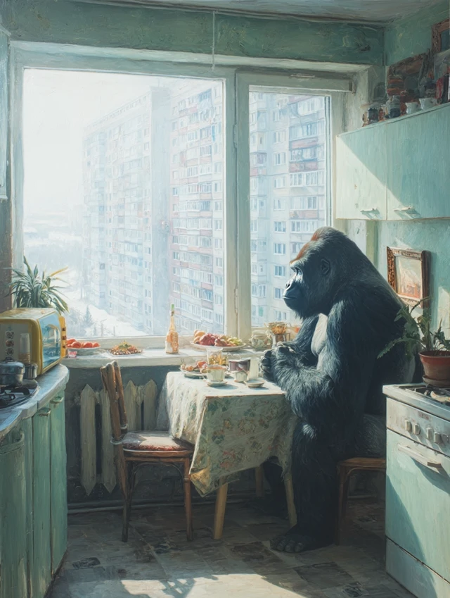 Gorilla in Soviet Kitchen: Hyperrealistic Scene