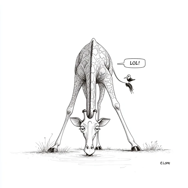 Funny Giraffe Drinking Water Cartoon Illustration