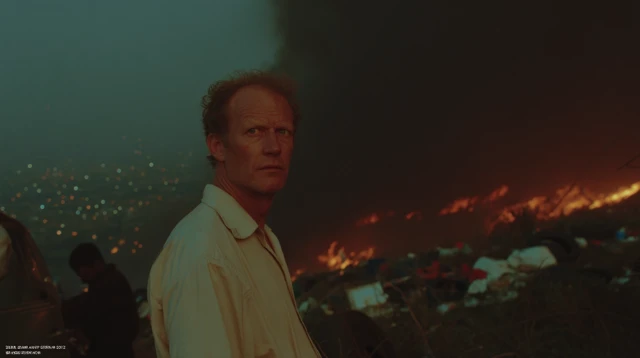 Middle Aged Man Smoking Amidst Flames