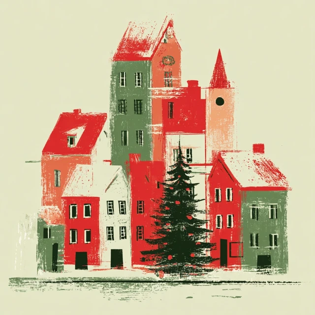 Retro Christmas Town Illustration in Red and Green