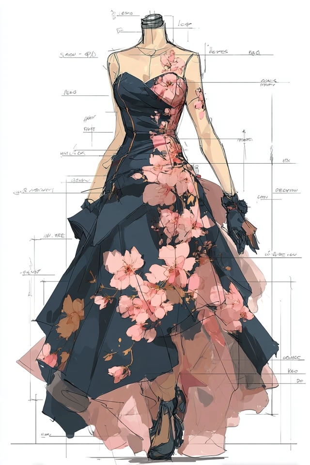 Dress Design Floral Print Fashion Sketch