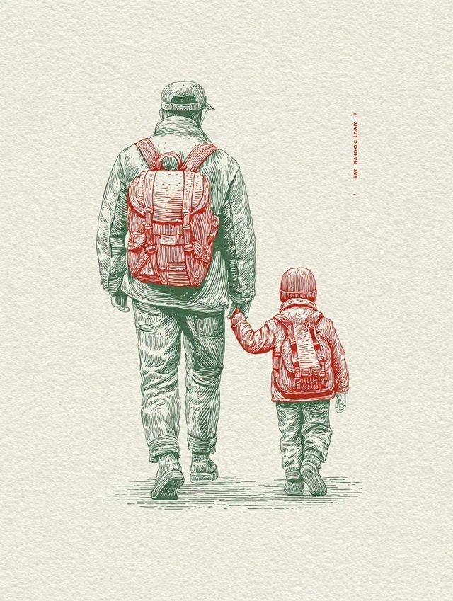 Father and Son Walking Home Illustration