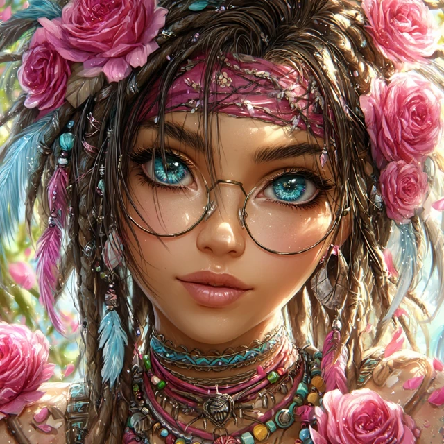 Boho Girl with Pink Roses and Glasses