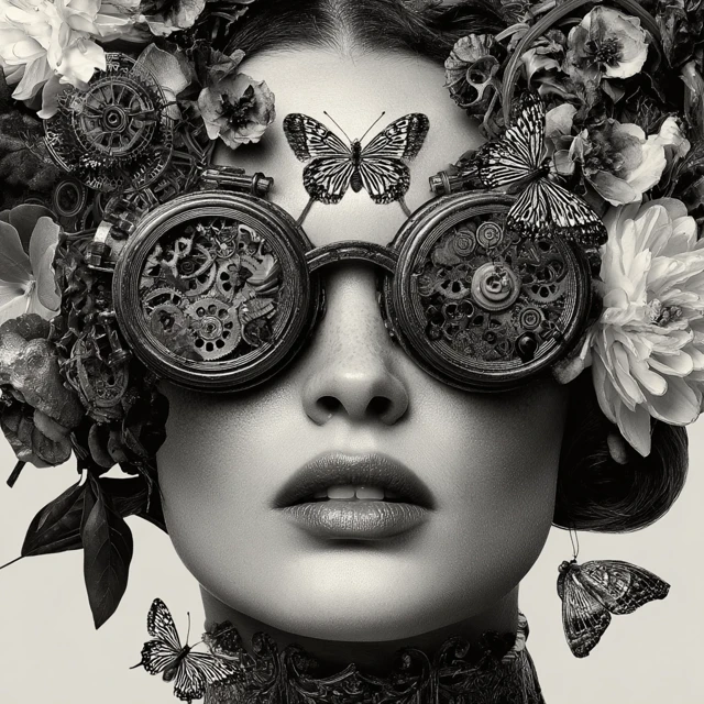 Steampunk Woman with Butterflies and Flowers
