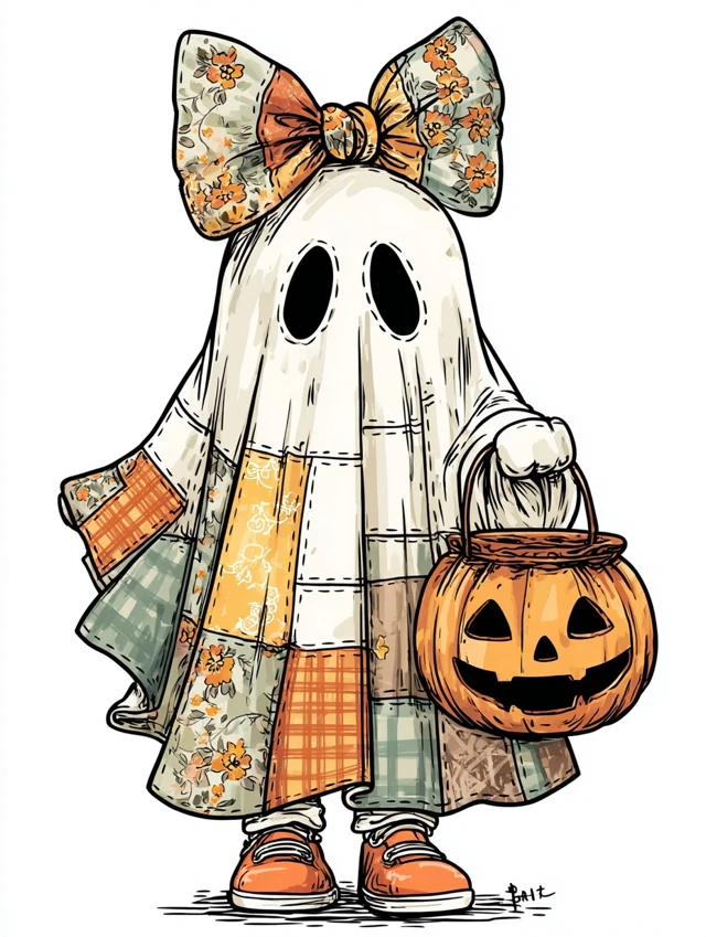 Cute Patchwork Ghost Halloween Illustration