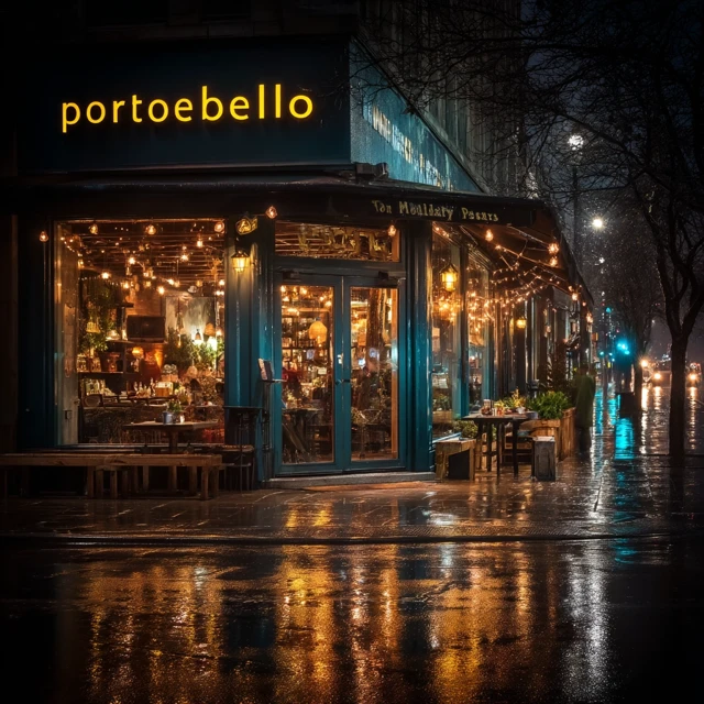 Portobello Restaurant at Night Reflections on Wet Asphalt