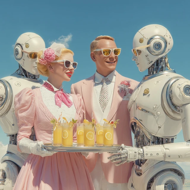 Summer Party with Robots Photorealistic Portrait