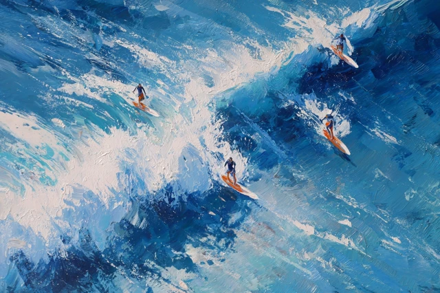 Surfers Riding Waves Abstract Ocean Painting