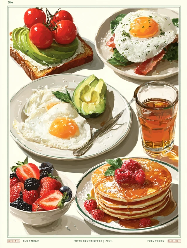 Breakfast Food Illustrations: Avocado Toast and Pancakes