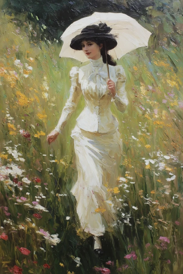 Elegant Lady in a Flower Field Oil Painting