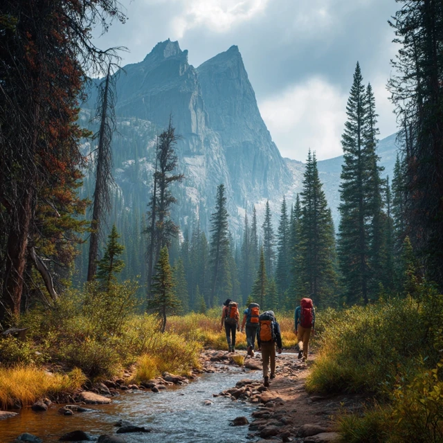 Hikers Exploring Forest Mountains Realistic Photo