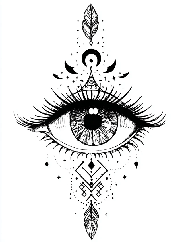 Mystical Eye Totem Black and White Line Art