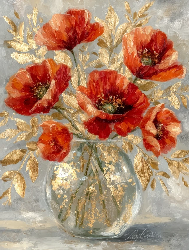 Poppy Flowers in a Vase Modern Art Painting Gold Accents