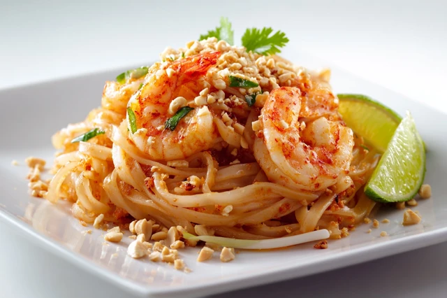 Delicious Pad Thai Noodles with Shrimp Peanuts and Lime