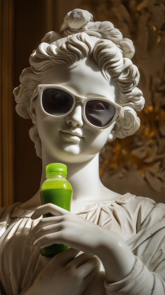 Marble Statue with Glasses and Juice
