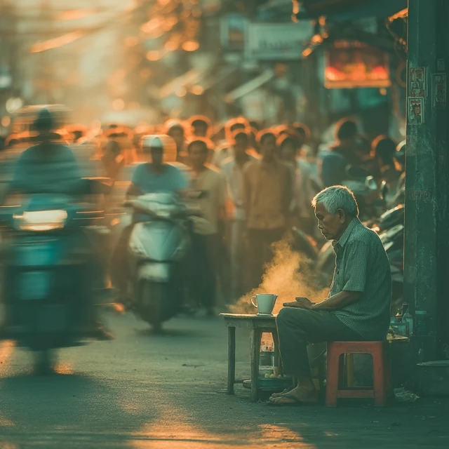Jakarta Street Scene: Man at Warung in Rush Hour