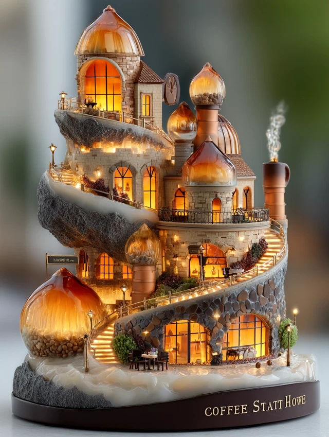 Magical Coffee Town Miniature: Hand-Drawn Fantasy